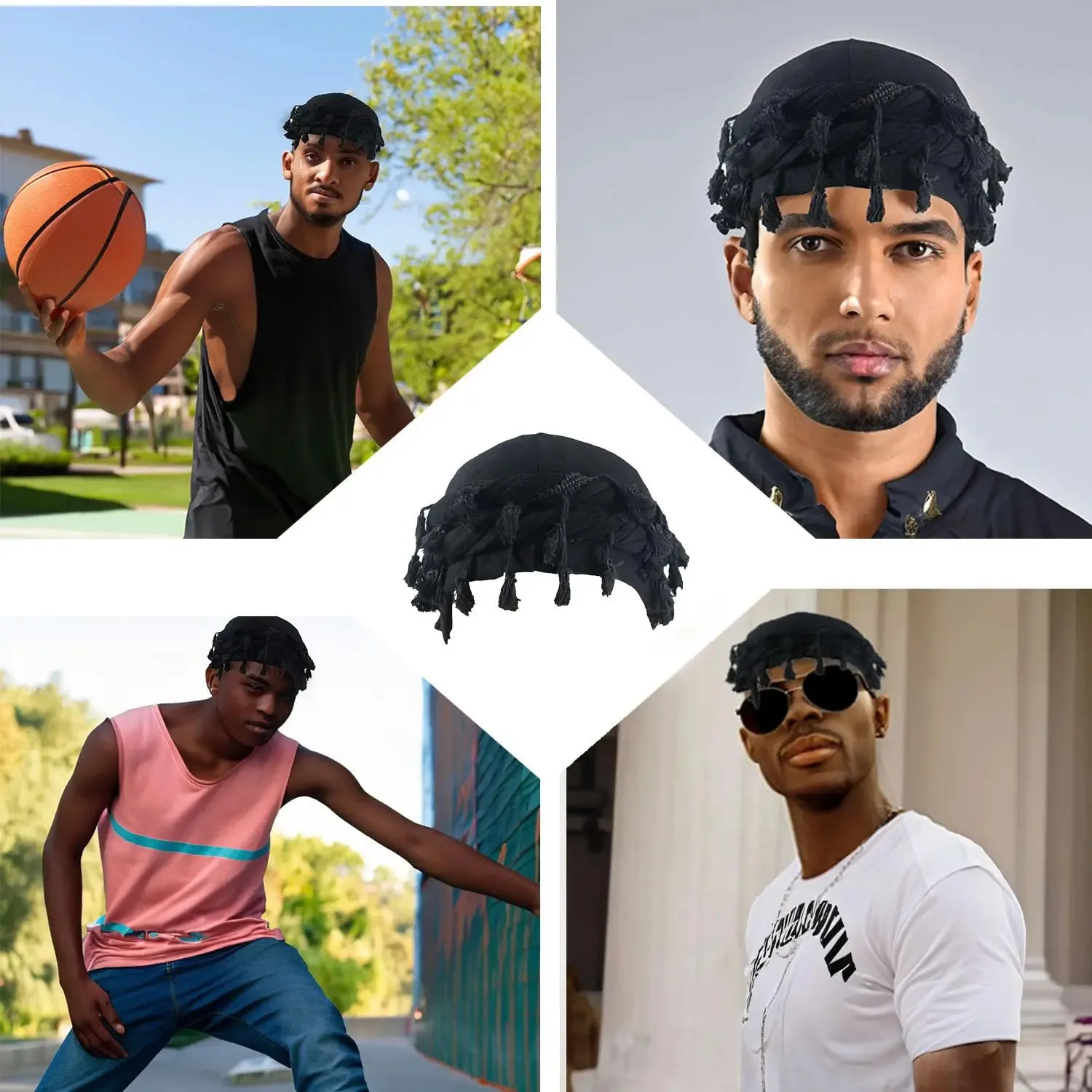 Vintage Twist Head Wrap With Tassel For Men Black/Grey