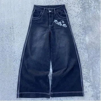 Women's Jeans graffiti print retro high waist wide leg jean's street straight loose casual mopping denim trouser ins 230422