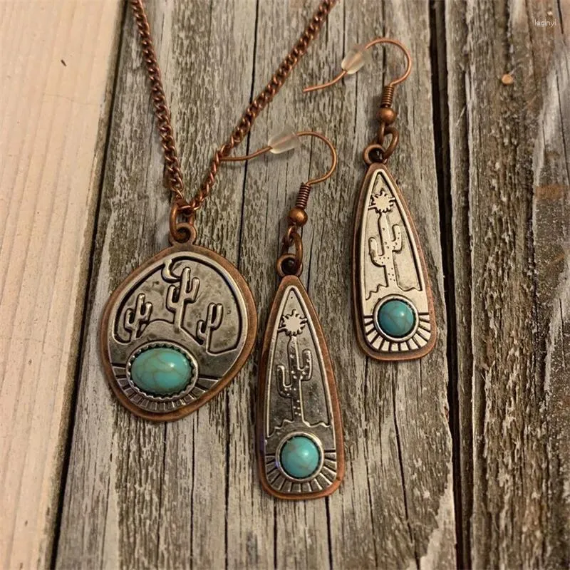 Ensemble Collier Boucles D'Oreilles CACTUS | Pendentif 3 Cuivre Turquoise Et Accessoires Bijoux Boho Chic Cowgirl Blanc Bleu