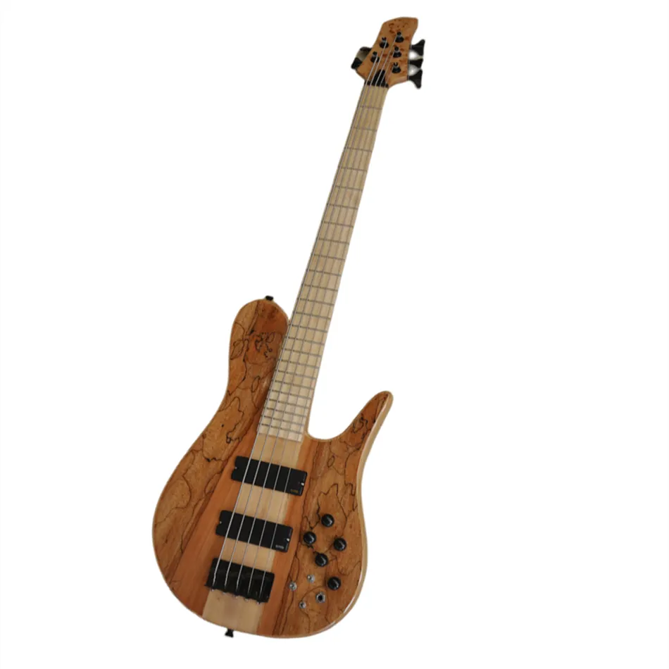 Guitare basse électrique couleur bois naturel 5 cordes avec logo d'offre de matériel noir/couleur personnaliser