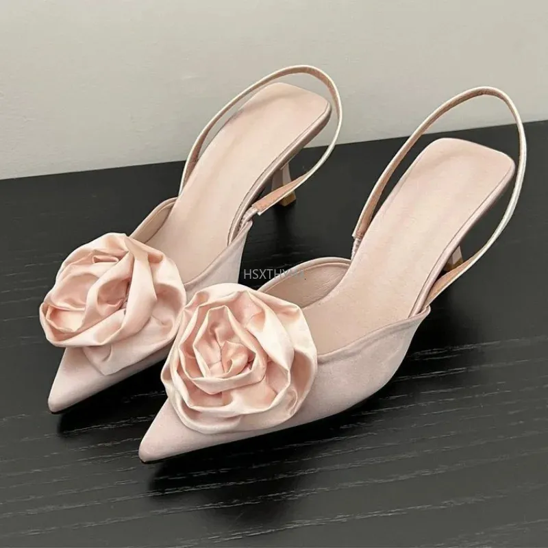 Klänningskor Flower Fashion Point Toe Pumps klackar för kvinnor 2023 Luxury Slingbacks Ladies High Female Sandals Sandaler 231123