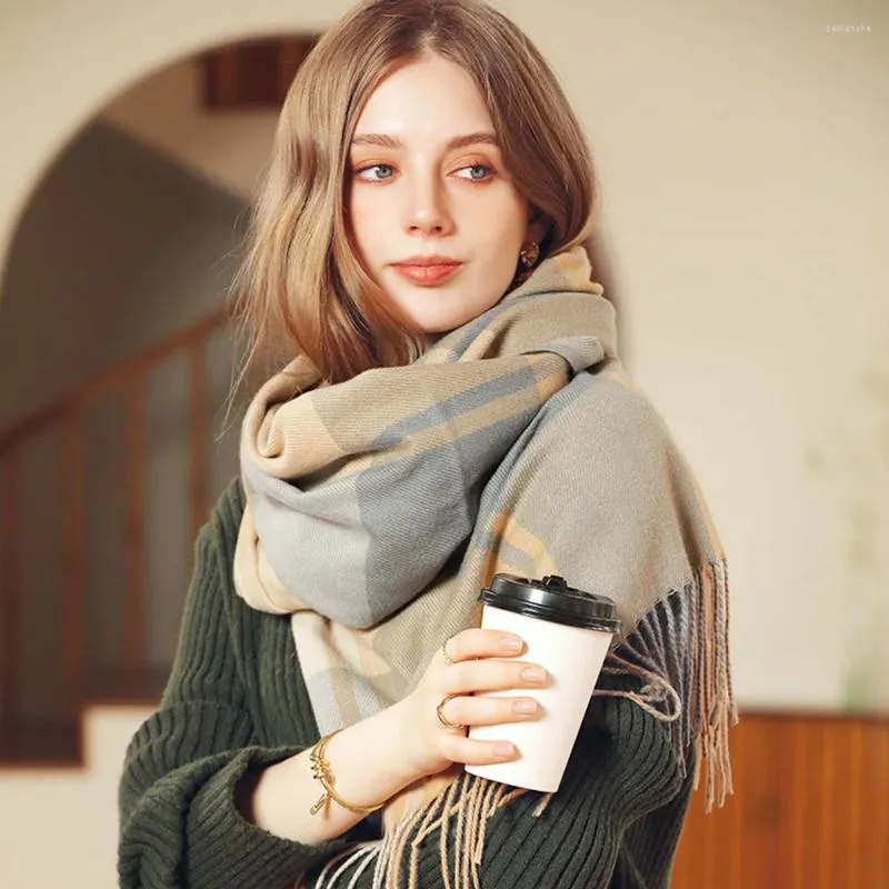 Scarves Winter Women Scarf Large Size Striped Plaid Head Neck Warm Neckerchief Cashmere Imitation Wool Shawl Wraps Knitted Tippet