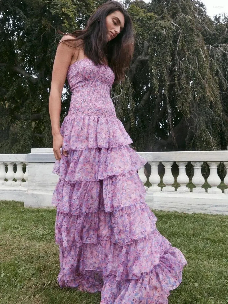 Elegant Silk Maxi Dress - Women's Strapless Floral Resort Dress, Elastic  Chest, Ruffled Layered Cake Design, Casual Long Dress
