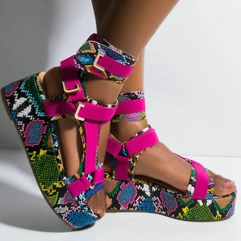 Slippers Platform Women Sandals Size 43 Summer Flat Multi Colors Snake Printed Gladiator Shoes Sandalias 230422
