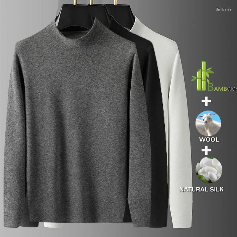 Men's T Shirts Bamboo Fiber 68% Wool 2.5% Silk Mens Ultra Soft T-Shirt Long Sleeve Fleece Casual Basic Tee Turtlenneck UnderShirt