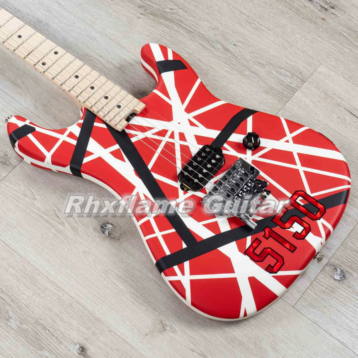 Seltene 5150 Edward Van Halen White Black Stripes Red E-Gitarre, linke Hand Floyd Rose Tremolo Bridge Whammy Bar, Sicherungsmutter, Ahornhals, Griffbrett, große Kopfplatte