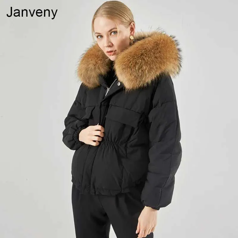 Grande doudoune à capuche en vraie fourrure de raton laveur pour femme, manteau bouffant en duvet de canard 2021, ample et court, parka en plumes, hiver 90%