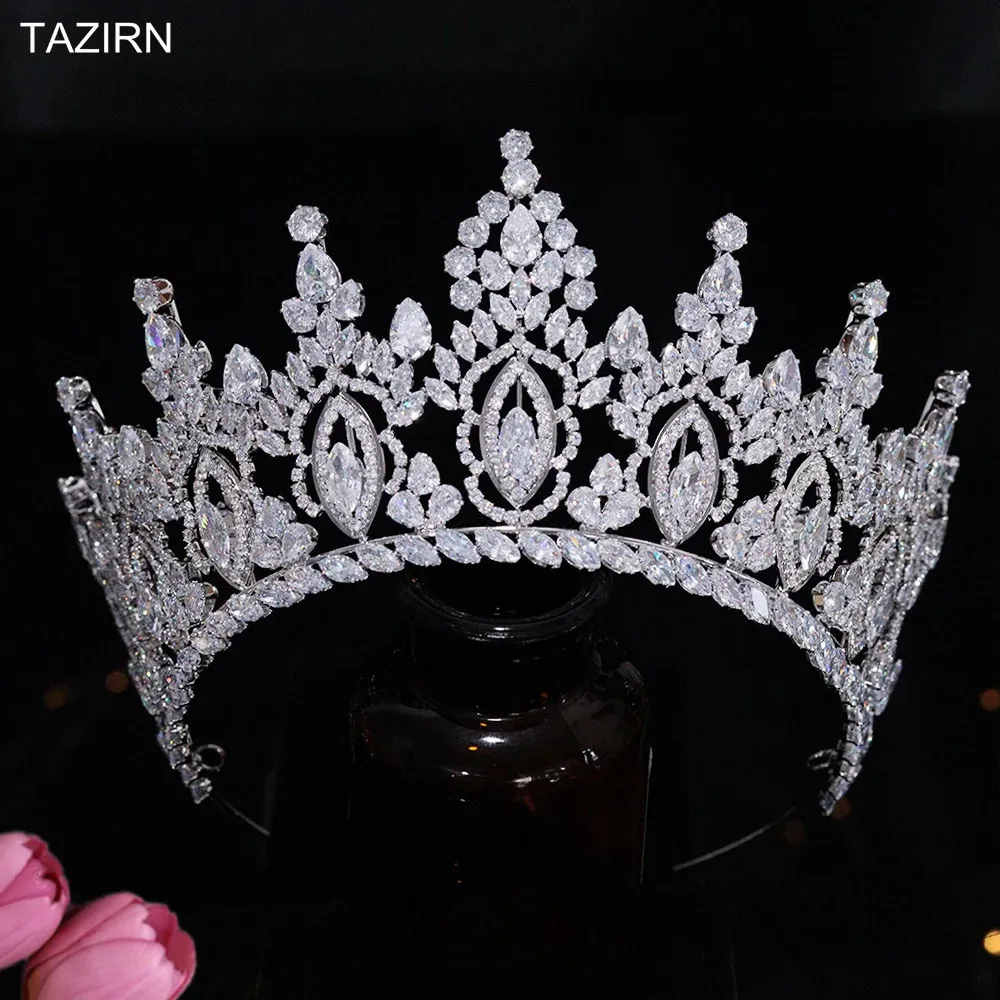 Bröllopshårsmycken Tazirn Luxury 5A Cubic Zirconia Big Wedding Bridal Crowns Handgjorda CZ Bride Tiaras Arabic Western Prom Party Hair Accessories 231121