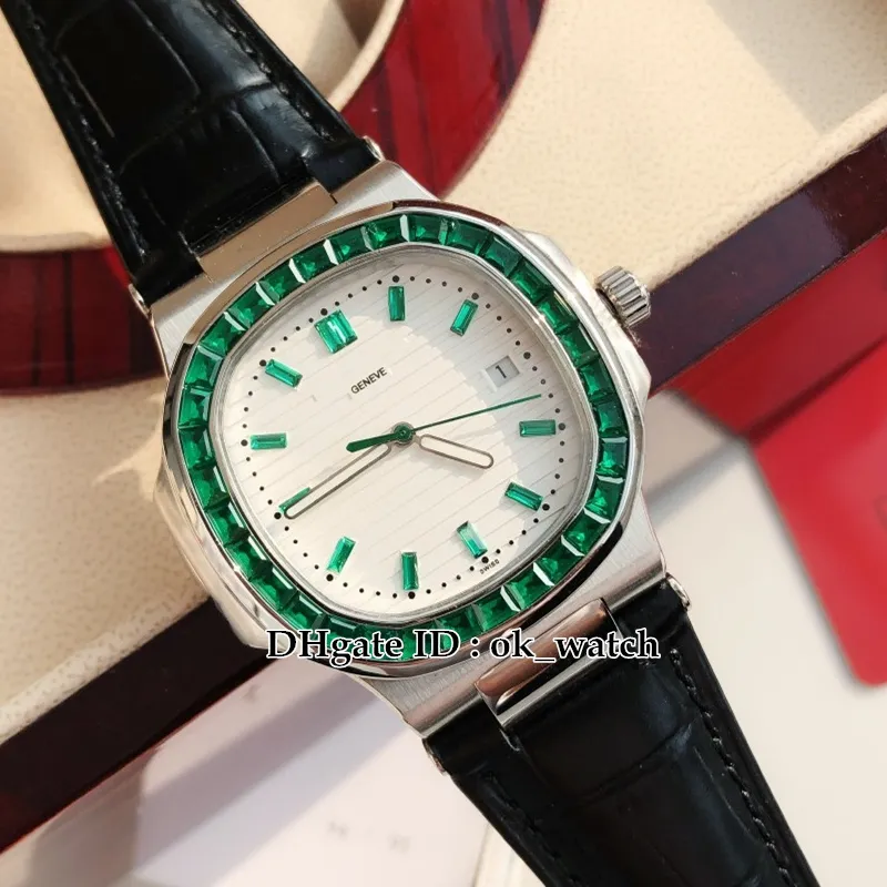 GDF Nuovo 5711/1A Miyota 8215 orologio automatico da uomo quadrante bianco quadrante verde lunetta con diamanti cinturino in pelle nera orologi da 40 mm