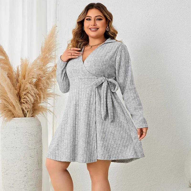 Plus size vestidos sólido cinza moda elástica cintura alta manga longa roupas profunda v mini camisola vestido com cinto feminino