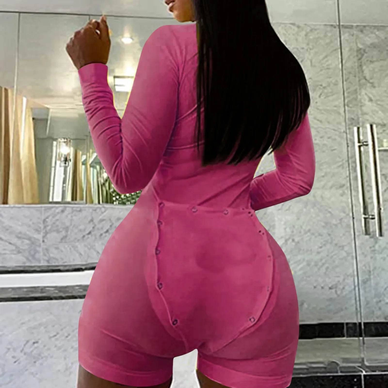 Kvinnor S Sleepwear Pink Long Sleeve Bodysuit Button Bodycon Solid Color Romper Shorts Stretchy Pyjama Playsuit Jumpsuit Womens Onesie 231123