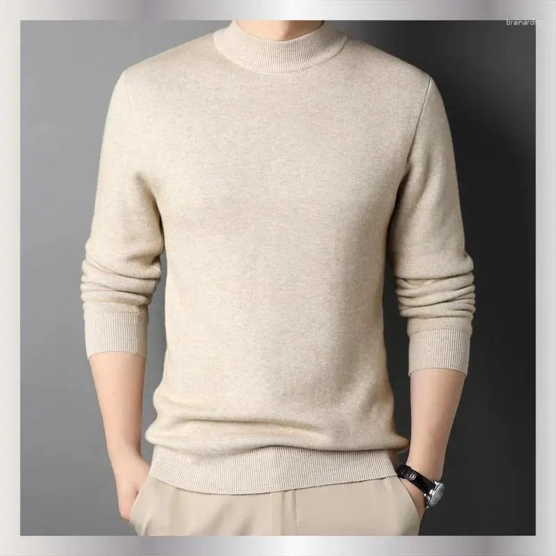 Suéter masculino outono inverno caxemira suéter cor sólida base camisa jovem quente meia gola alta malha pulôver fino malhas homem