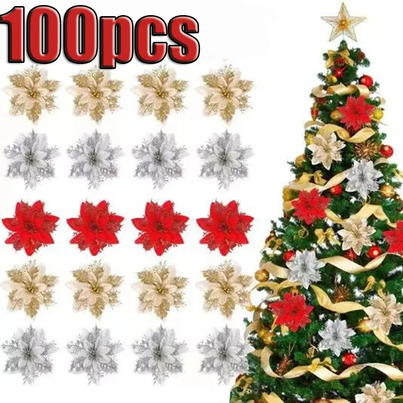 Décorations de Noël 5pcs fleurs paillettes artificielles poinsettia floral ornements d'arbre de Noël bricolage guirlandes maison cadeau de fête de mariage 231123