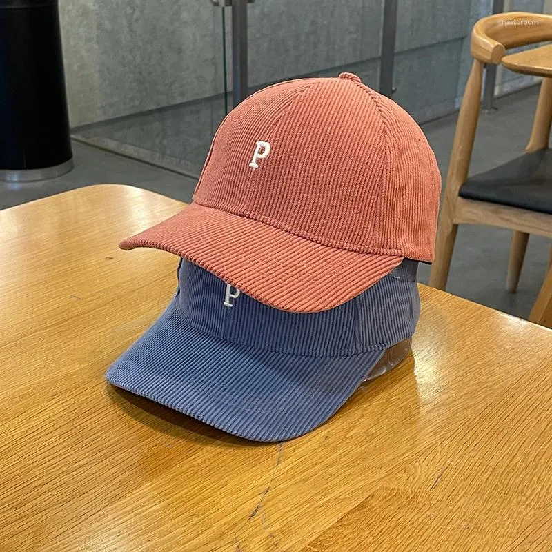 Ball Caps Letters P Embroidered Corduroy Baseball Cap Men's And Women's Autumn Winter Thick Stripe Versatile Wide Brim Peaked