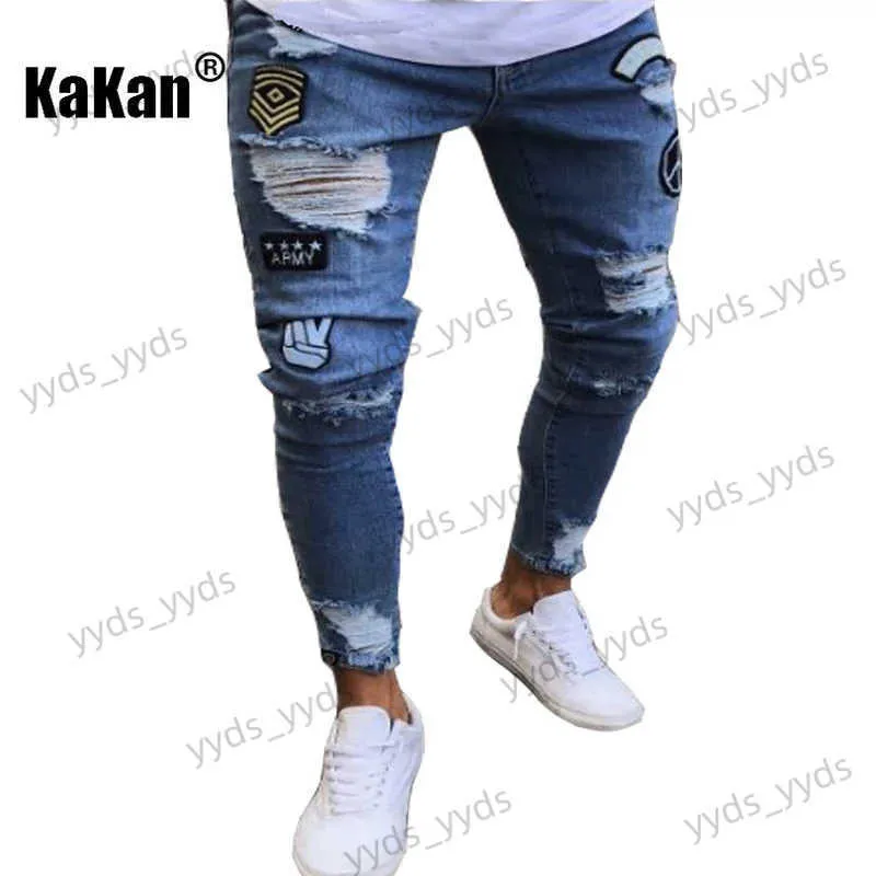 Jeans da uomo Kakan Europei e americani di alta qualità Nuovi jeans lunghi Jeans attillati elastici da uomo Distintivo con foro Pantaloni slim fit Jeans K14-881 T231123