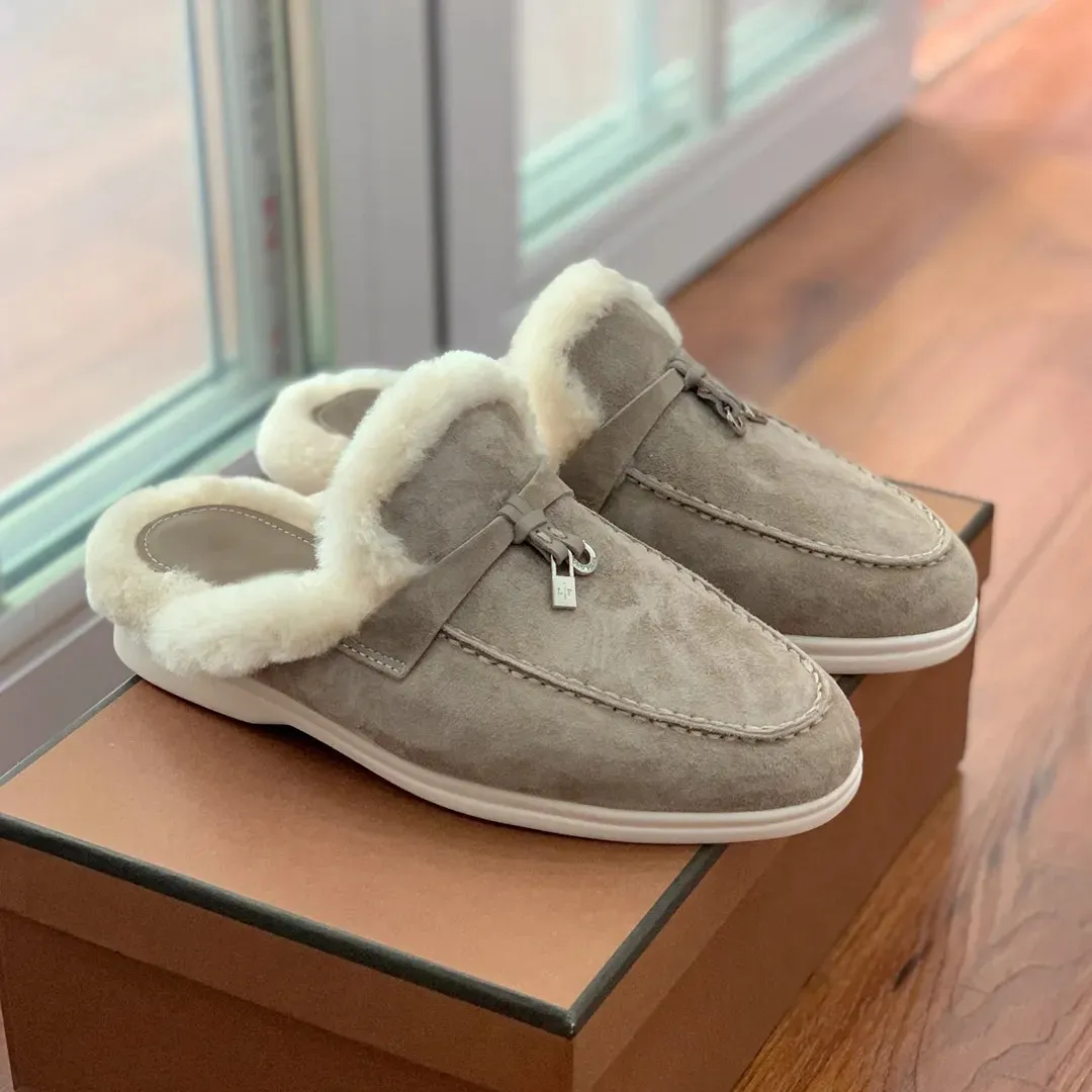 Loro Wool LP Slippers Classic Buckle Designer Womens Piana Casual Shoes Soft Sole High Elastic Beef Sendon Bottom Flat Heel Shoe Novelty Slipper