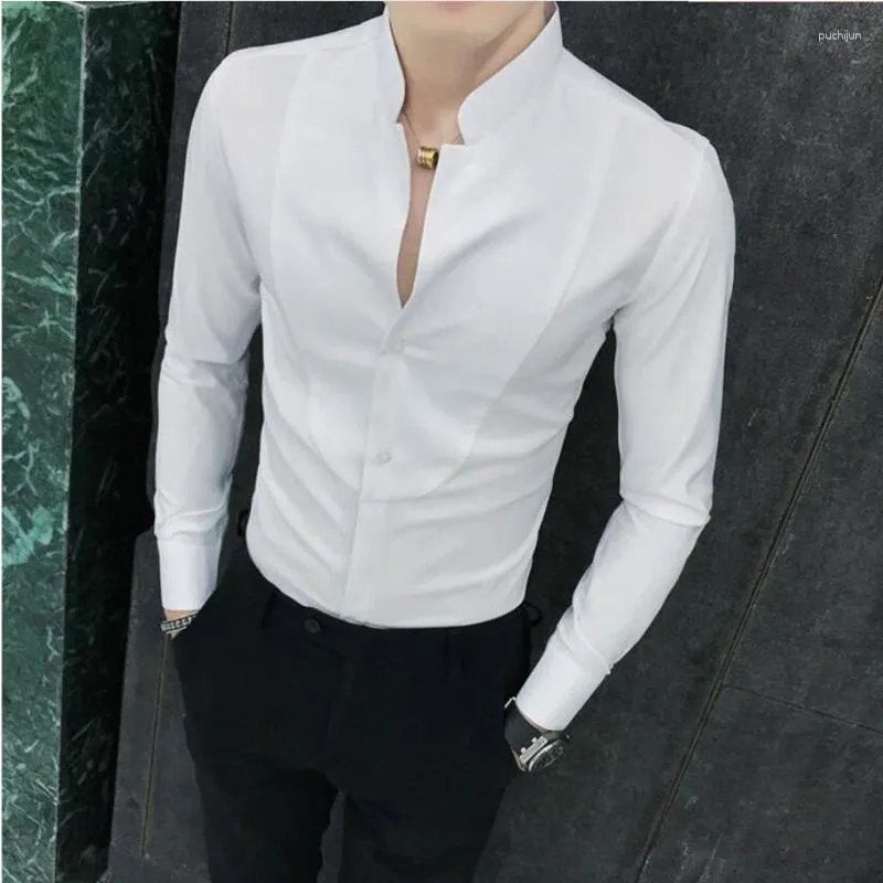 Men's Casual Shirts 4XL 5XL Autumn Solid Long Sleeve Dress Shirt Men Clothing Simple Slim Fit V-Neck Formal Wear Office Blouse Homme