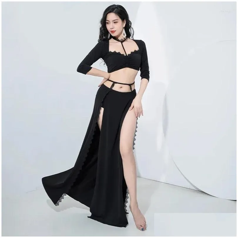 Scene Wear Y Lace Women Dance Clothes Girls Outfit Class Suit for Group Belly Costume Set 2st Halter Top och Long Skirt Drop Delivery Dhejd
