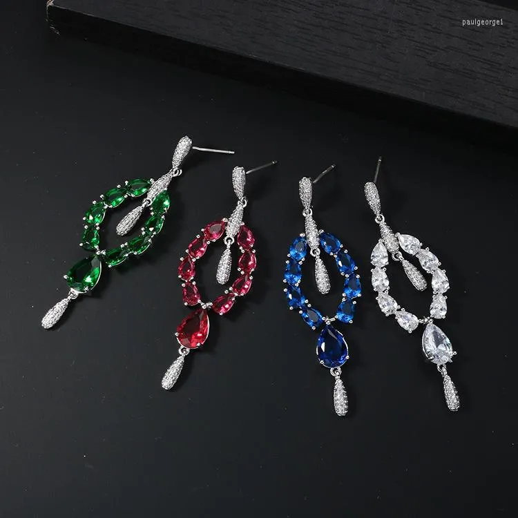 Hoop Earrings Genuine Real Jewels Long Earring Grandmother Water Drop Zircon Green Female Personality Exquisite 925 Silver