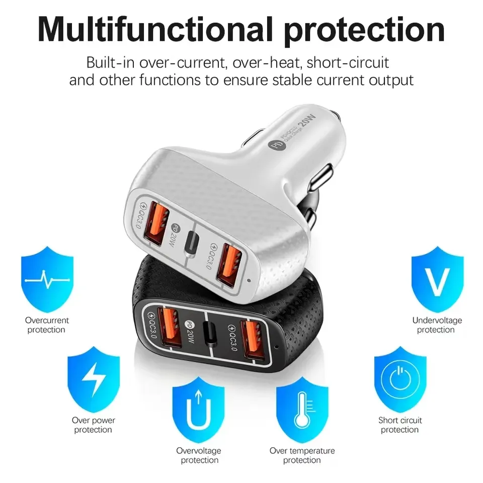 3 Ports PD 20W Car Phone  Fast Charging 3A QC3.0 Quick Charge Type C USB-C Chargers Auto Power Adapter For IPhone 14 13 12 Samsung Xiaomi GPS