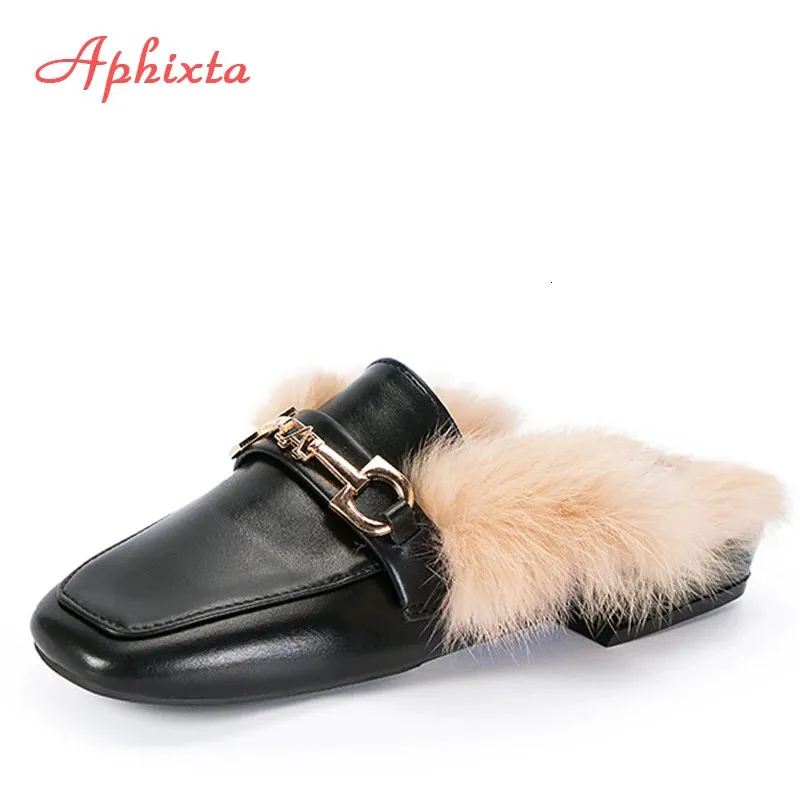 Pantofole Aphixta Lusso Fibbia in metallo Pantofole in pelo di coniglio reale Scarpe da donna Vera pelliccia Tacco quadrato Caldo Mujer Diapositive Plus Big Size 34-43 231123