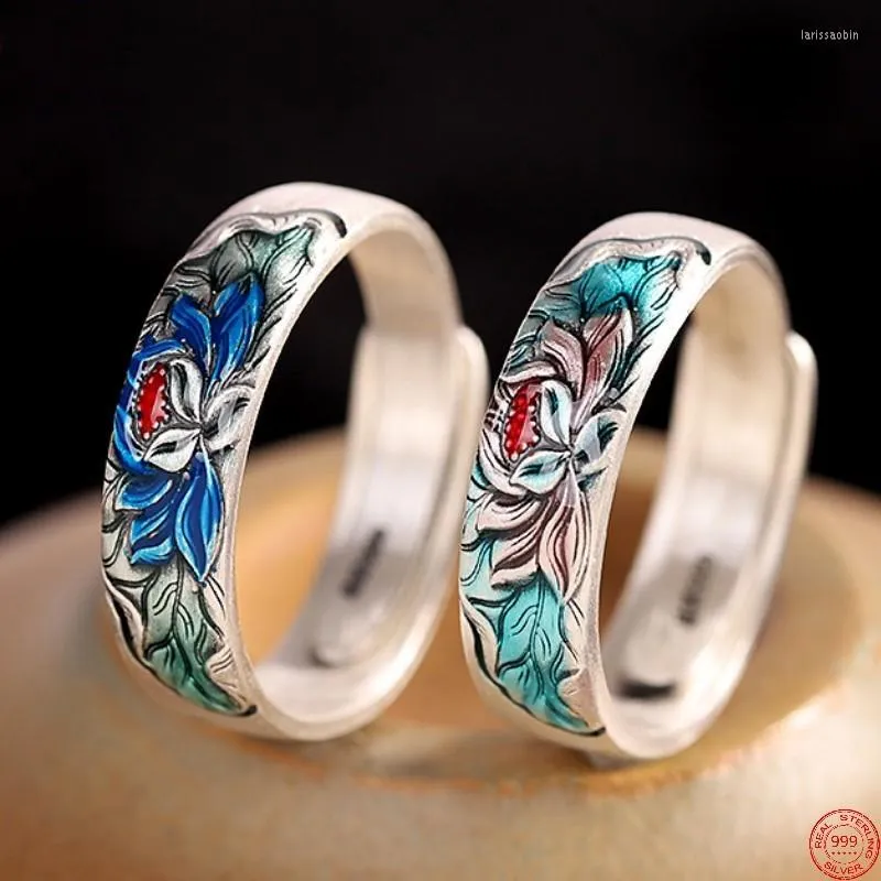 Cluster ringen S999 Sterling Silver 2023 lijm druipende cloisonne lotus pure argentum mode sieraden amulet voor mannen vrouwen