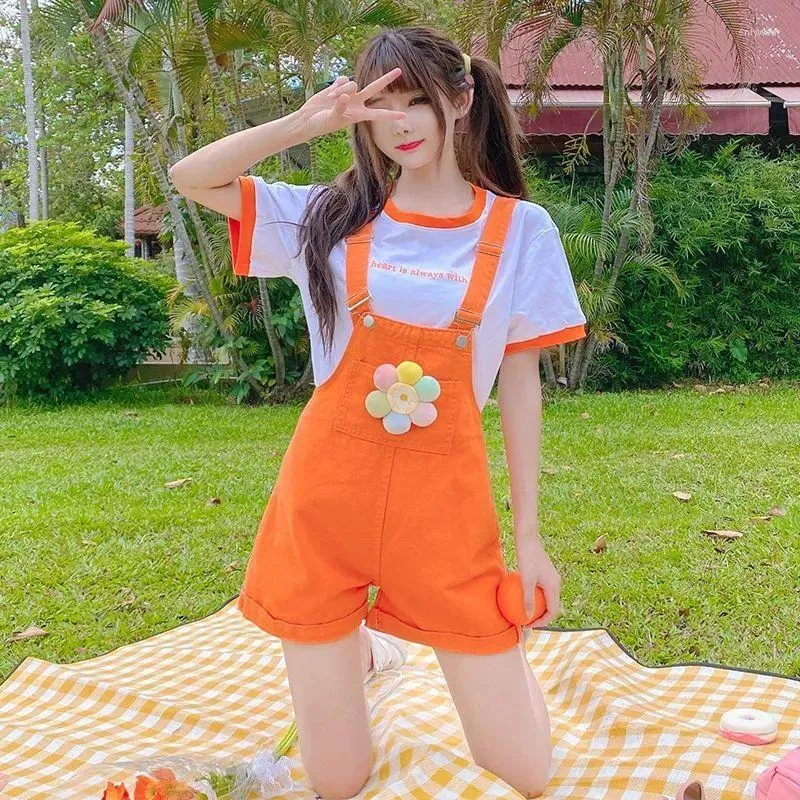 Pantaloncini da donna Tuta arancione Harajuku giapponese per donna Ragazza Estate Kawaii Tuta con bretelle carine Abiti da vacanza per adolescenti