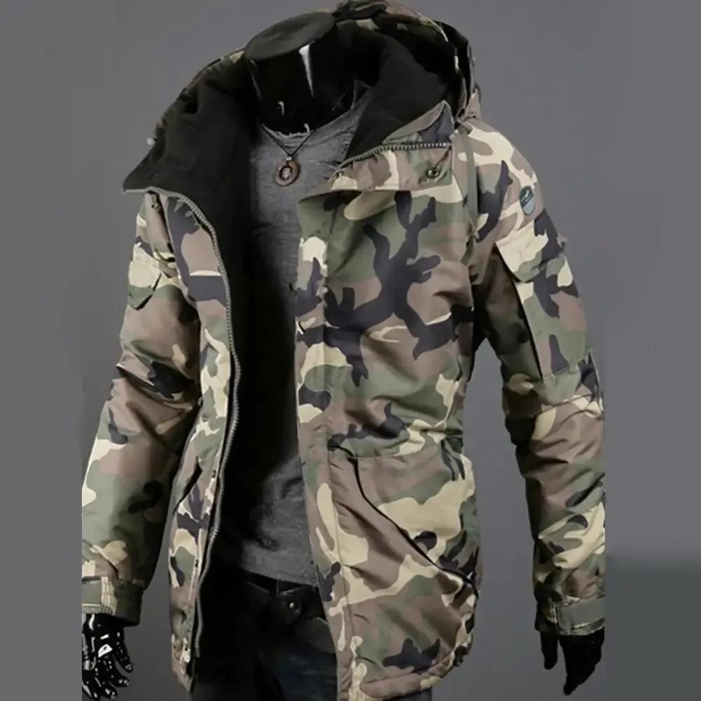 Jaquetas masculinas duráveis casaco solto de lã manga longa estilo militar jaqueta camuflagem impressão homens desgaste exterior para caminhar 231122