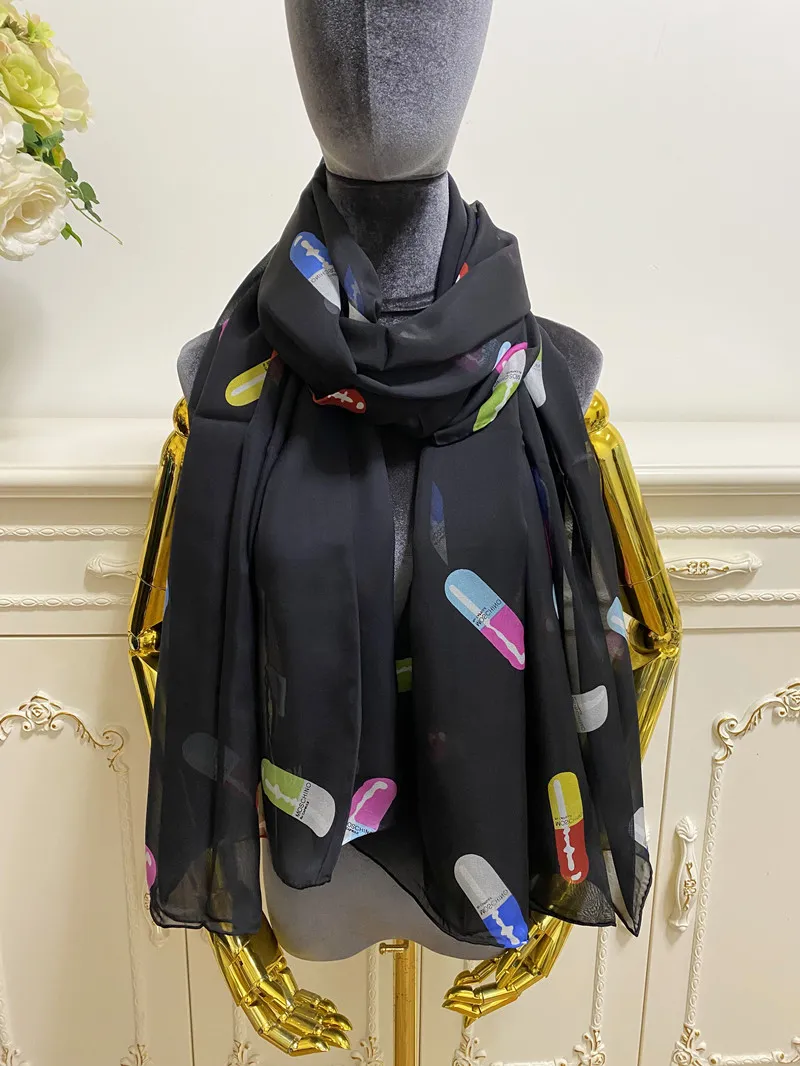 écharpe longue femme écharpes châle 100% soie matériel noir pinte lettres motif grande taille 190cm - 100cm