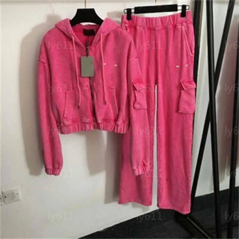 2 pièces ensemble femmes survêtement vêtements de marque à manches longues veste à capuche courte poches latérales pantalons larges ensembles rouges coton survêtement automne survêtements