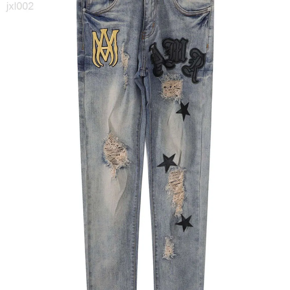 Ami Jeans Mor Jeans Tasarımcı Kotu Kadınlar Yeni Ami Yüksek Sokak Deliği Kesme Kotları İnce Fit Düz Fıçısı Dilen Pantolonları Yıkanmış Pantolon