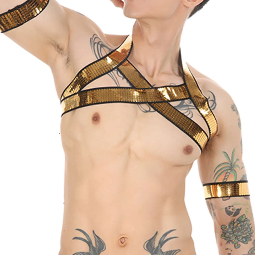 Men's Sexy Harness Shiny Golden Halter Elastic Chest Neck Band BDSM Bondage Fetish Body Belt with 2pcs Armband