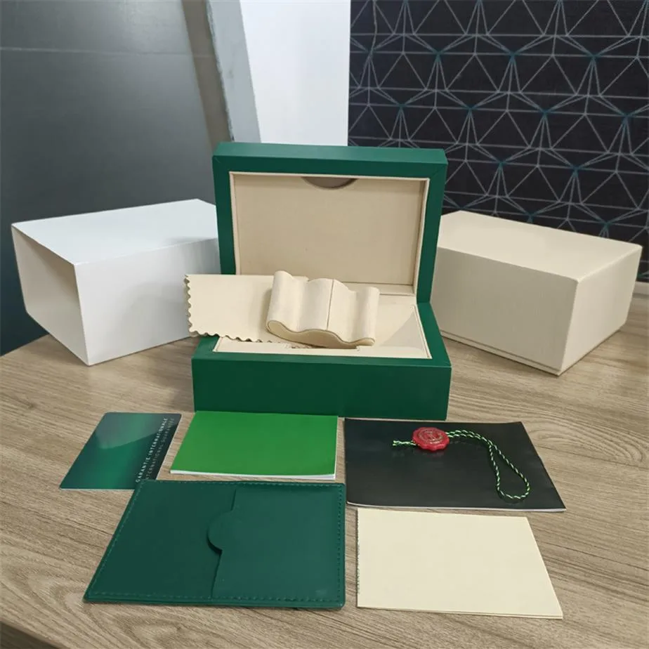 Originele groene houten dozen cadeau kunnen worden aangepast Model Serienummer Small label Anti-Counterfeiting Card Watch Box Brochure FIL195D