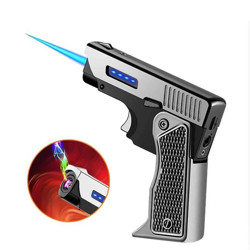 Isqueiros Jet No Gas Tocha Gun Isqueiro Pistola Metal Criativo Dobrável Elétrico Plasma Butano Chama À Prova de Vento Recarregável USB Dual Arc