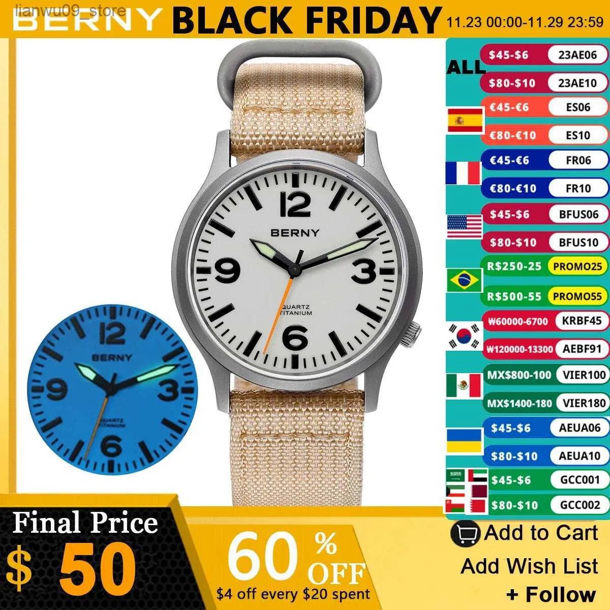 Wristwatches BERNY Titanium Watch for Men Lightweight 41g Sports Quartz Watches Luminous Waterproof Sapphire Glass Wristwatch for OutdoorQ231123