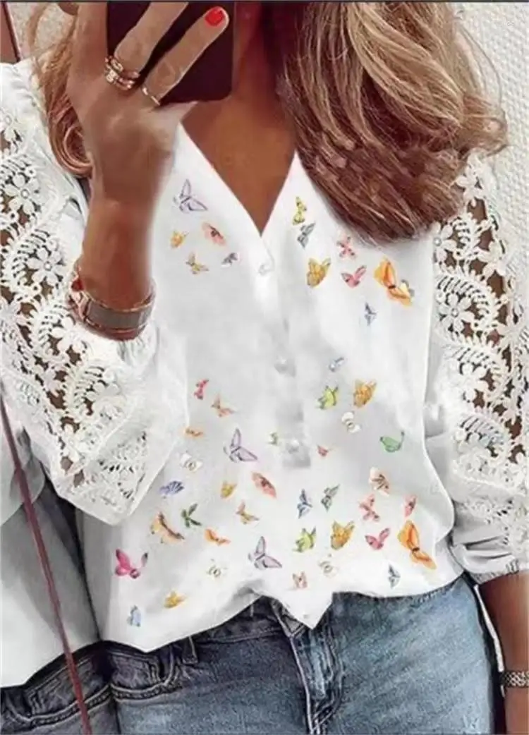 Blouses pour femmes Blusas Para Mujer printemps solide bouton dentelle épissure femmes petit haut blanc De Bonitas Y Baratas