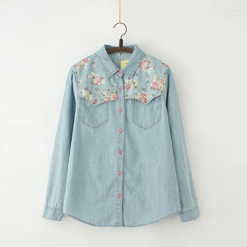 Women's Blouses Autumn Denim Blouse Plus Size 4XL Women Loose Tops Flower Print Patchwork Jeans Long Sleeve Vintage Shirts Blusas AB327