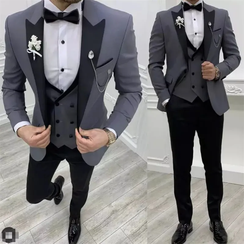 Men's Slim Fit Grey Wedding - Prom Event European cut style Three Piece Jacket & Pants Suits main image 0