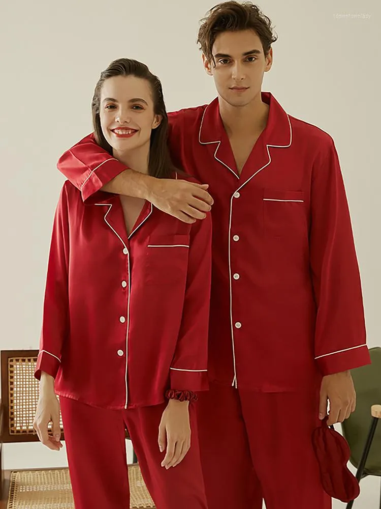 Sleepwear Sleepwear Silk Pyjama Sets voor vrouwen Men Spring herfst Luxe Red bruiloft Valentijnsdag Gift Volle mouw paar loungewear