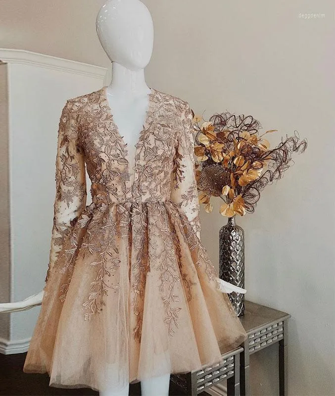 Party Dresses Long Sleeve Champagne Lace Short Cocktail Gowns Prom Dress Sexy V Neck Homecoming Custom Made