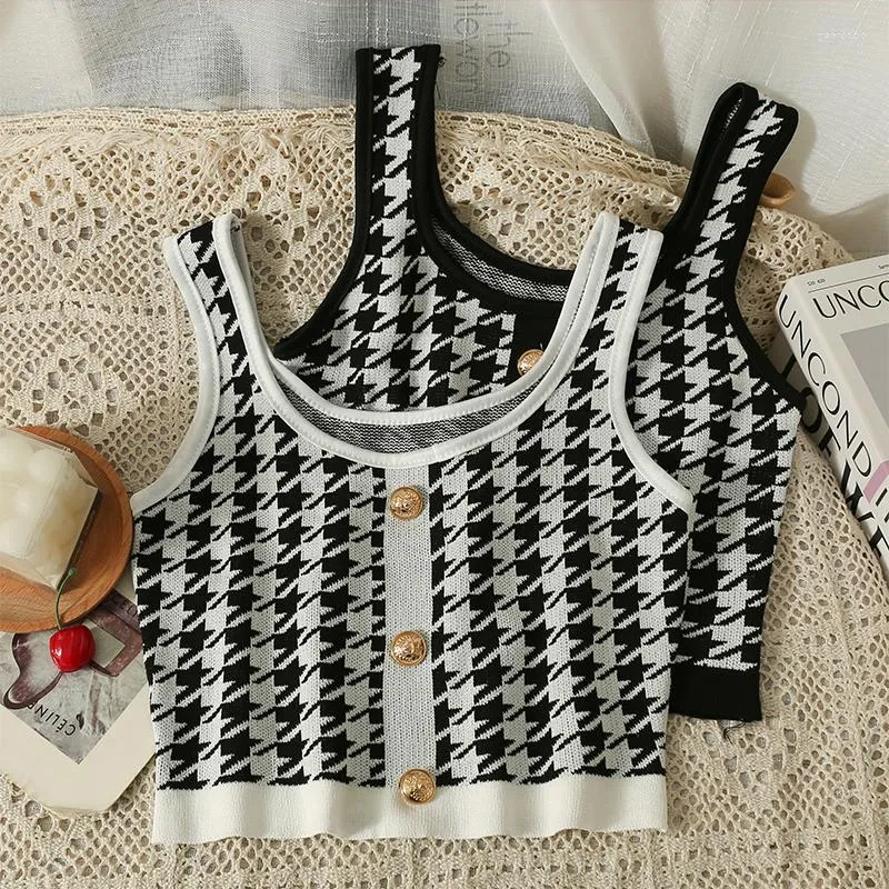 Damen Tanks HELIAR Damen Plaid Crop Tops Buttons Camis Knitting Cute Tank Damen Sleeveless Solid 2023 Summer