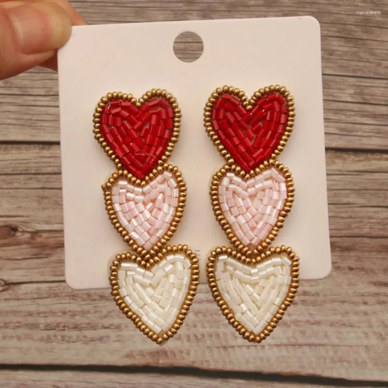 Studörhängen 2023 Handgjorda design Red Pink White 3Colour Hearts Dingle Pärled Vintage Weave smycken gåvor till kvinnliga flickor