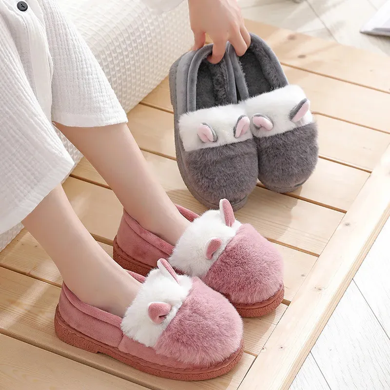 Slippers Indoor Outdoor Home Cotton Slippers Women Ears Rabbit Hair Autumn Winter Wrapped Roots Postpartum Cotton Shoes Warm Snow Boots H 231123