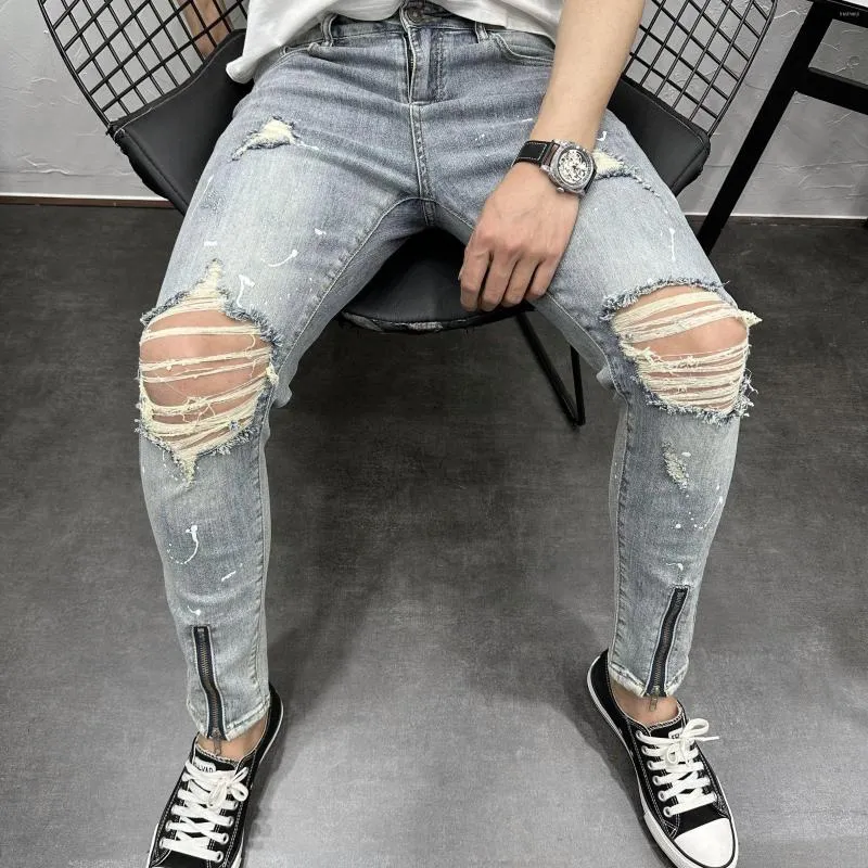 Jeans masculinos 2023 homens da moda Slim Marca de Moda Zíper Pontas de Personalidade