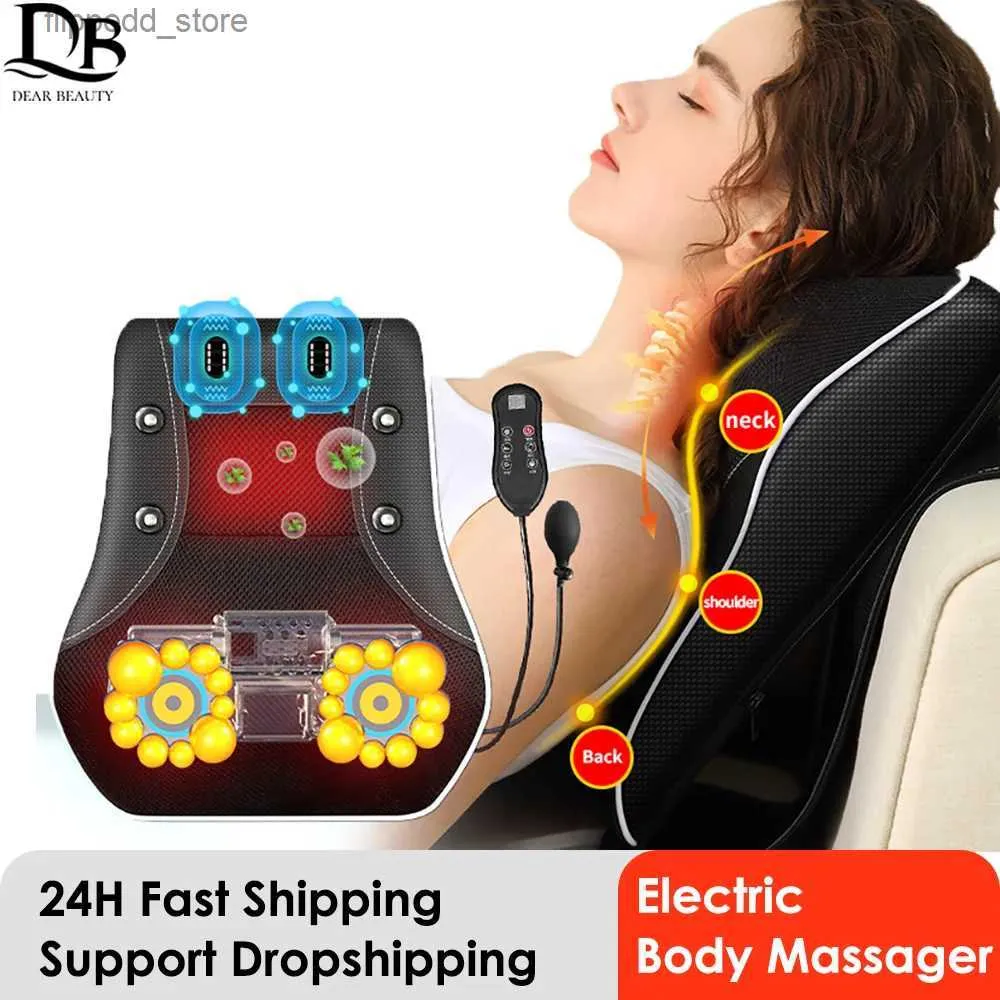 Massera nackkudde Electric Massage Cushion Shiatsu huvud halscervikal dragkraft Massager bil bakkudde med uppvärmning vibrerande massage enhet Q231123