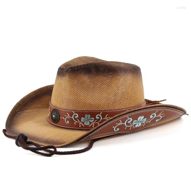 Chapéus de aba larga 2023 Hapsa de palha de alta qualidade Women Western Cowboy Panamá verão Retro Retro elegante vintage Cowgirl Bordado Handmade Sun B17
