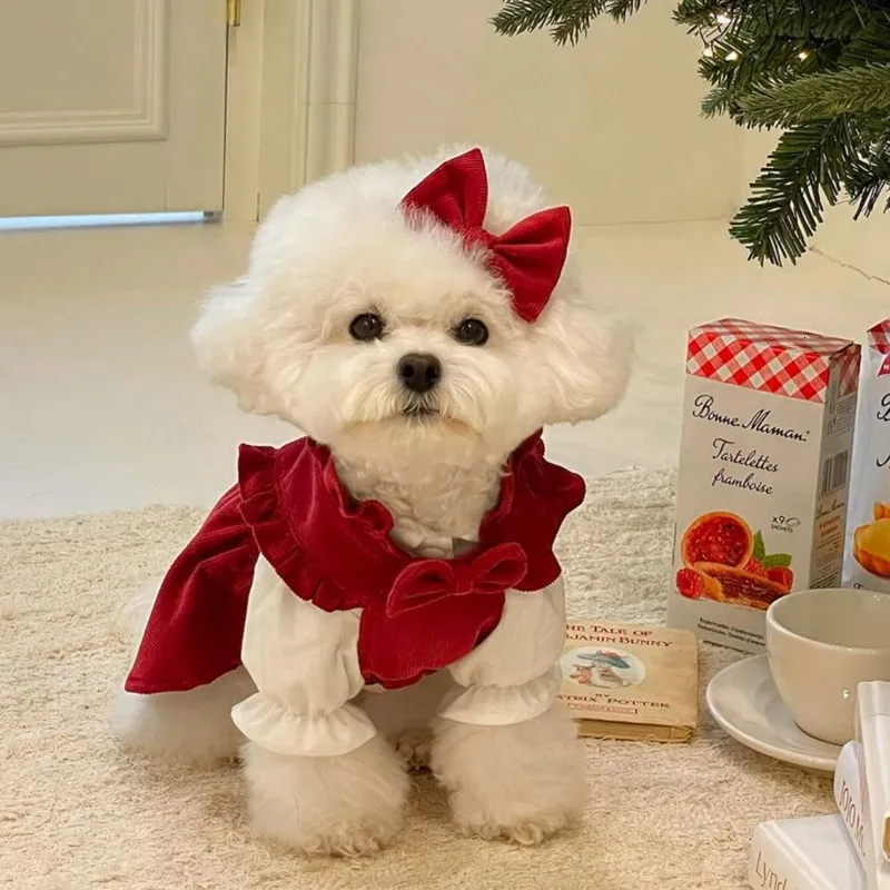 犬のアパレルファッション秋の冬のペット服レッドボウプリンセスドレス猫暖かいジャケット子犬テディ衣類用品アクセサリー230422