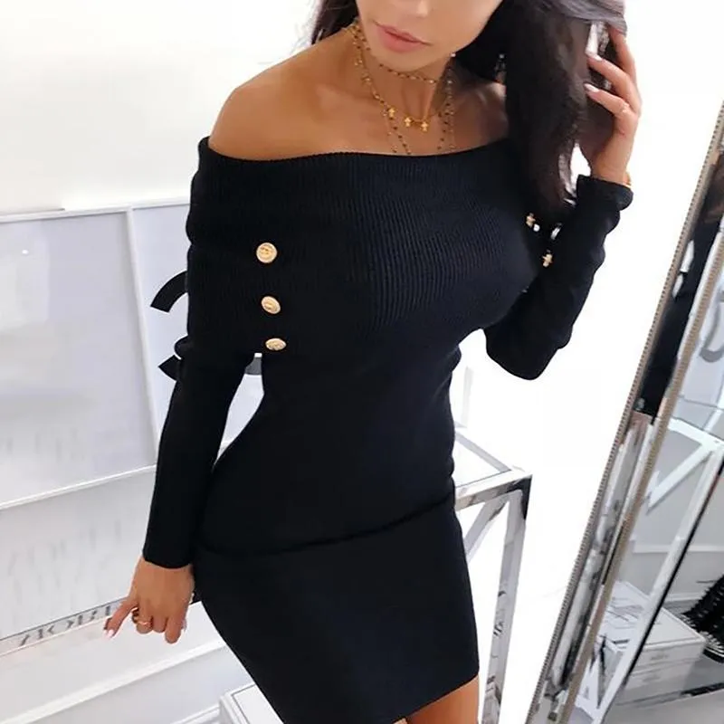 Casual Dresses Off Shoulder Knitted Sweater Dress Women Solid Button Grey Black Knitting Elegant Bodycon Party Winter Vestidos