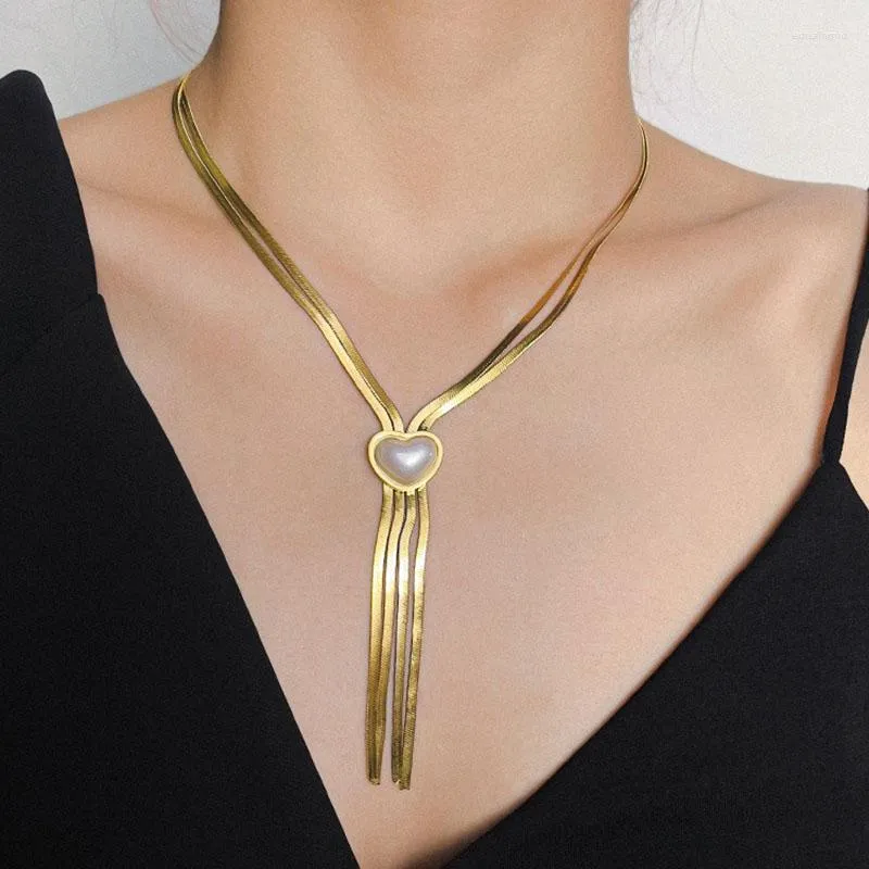 Kedjor 316L rostfritt stål guldfärg 2-lagers hjärta pärla tofs halsband för kvinnor mode flickor clavicle chain party smycken gåva