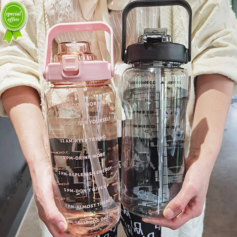 New 2 Liter Sports Water Bottle with Straw Men Women Fitness Water Bottle Outdoor Cold Water Bottlesc With Time Marker Drinkware New